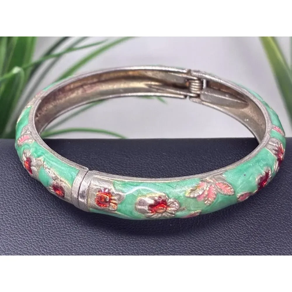 Vintage Mint Green Enamel Floral Bangle Bracelet Gold Tone Hinged Mid Century